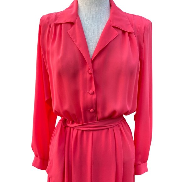 Vintage 80s Willi Petites Pink Button-Up Belted Dress Size 12 Polyester Lined - Picture 2 of 16